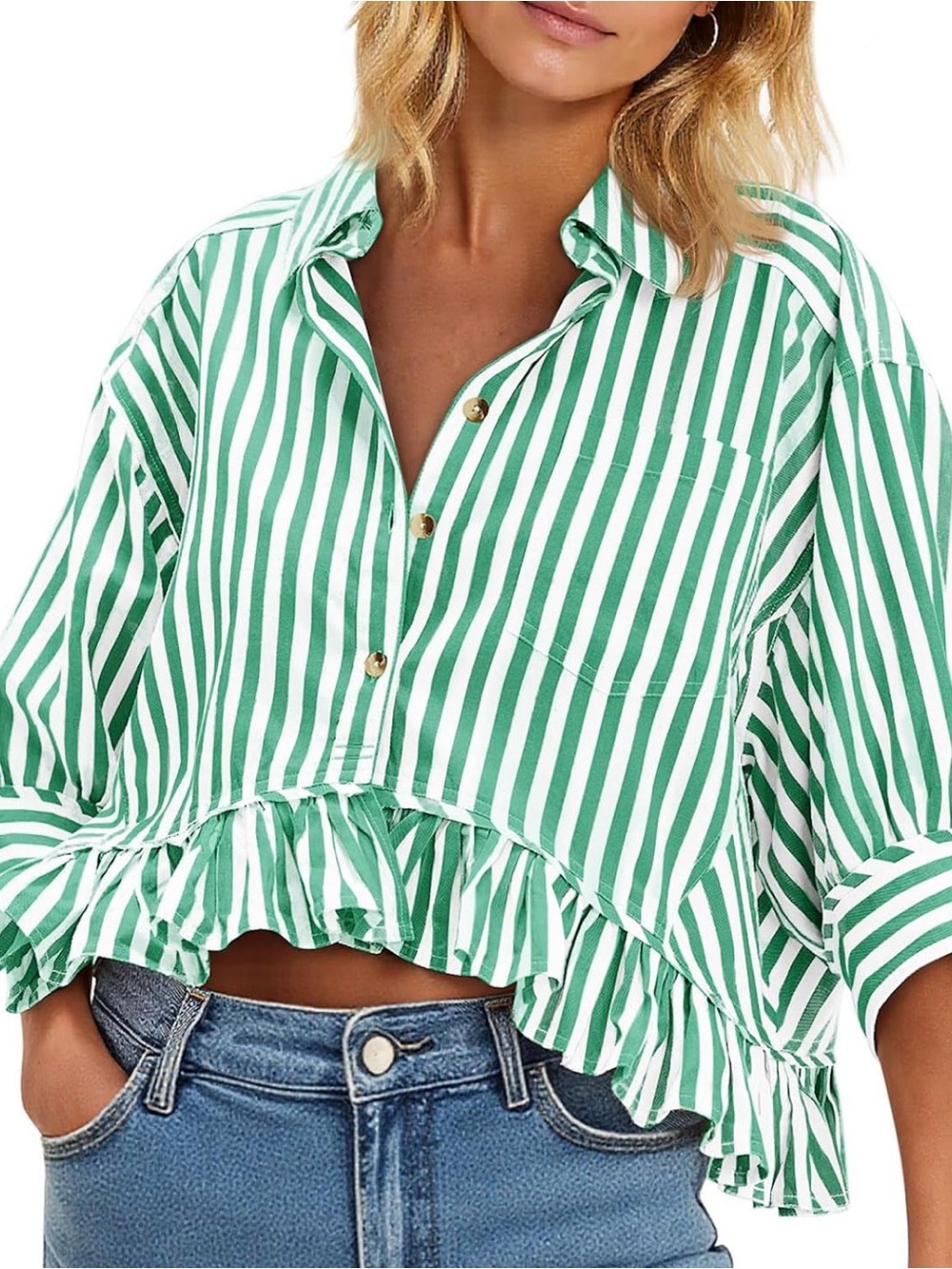 Striped Green and White Ruffle-Hem Button Front Blouse